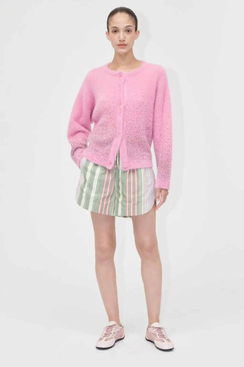 2384 Beaded Fluffy Knit, Crewneck Cardigansg-pf25-k037-2384