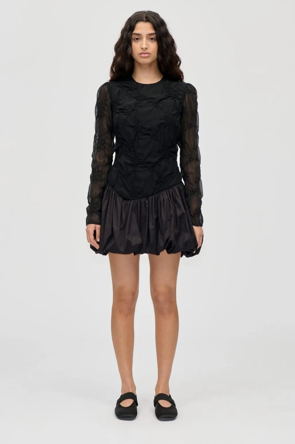 2449 Smocked Cotton Mix, Balloon Long Sleeve Short Dresssg-ps26-d188-2449