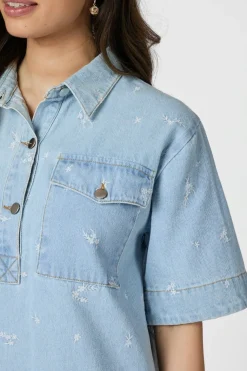 Saras Denim Emb Dress 166045