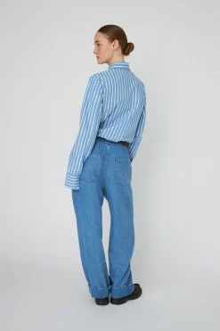 Washed Blue Mid-waist Pants With Scallop Edgewd54-6325